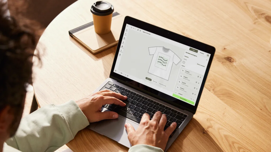 03 Create a listing A man is using a laptop, creating a custom product with Printify’s Product Creator.