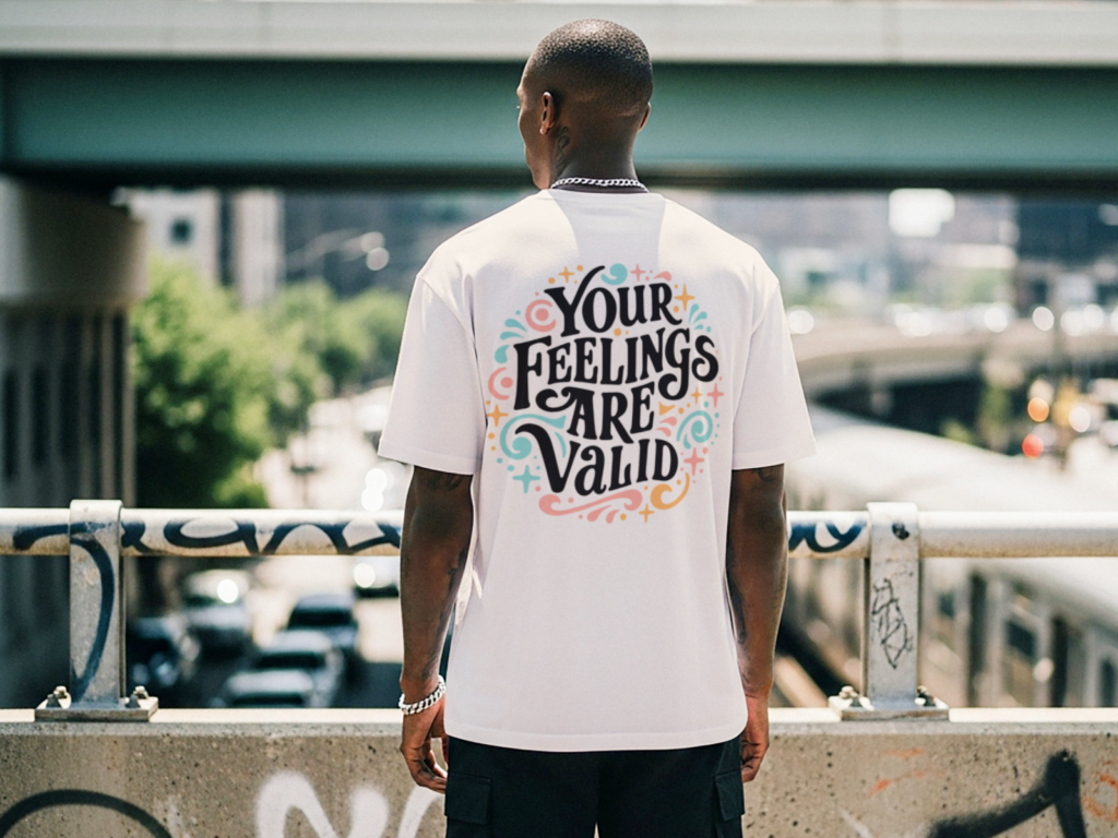 09 Mental health awareness tees A man stands on an urban overpass, wearing a white shirt with colorful text: "Your feelings are valid”.