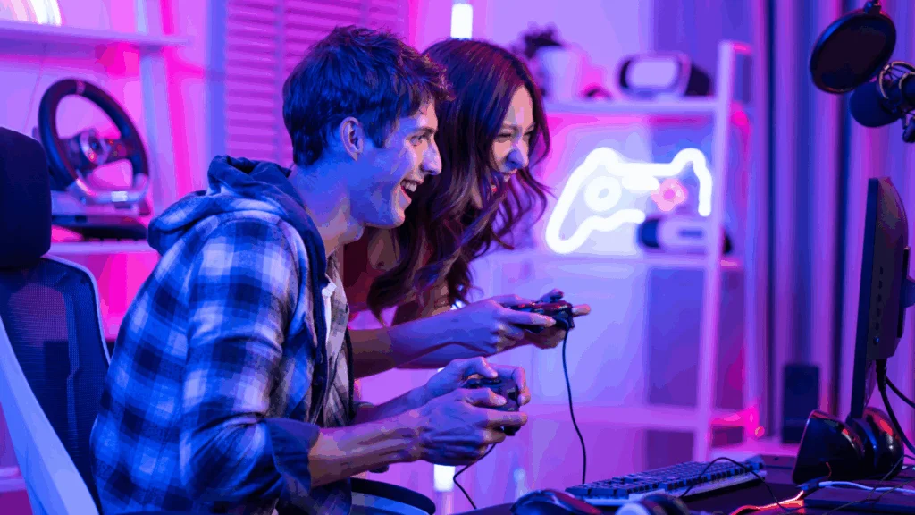 A man and woman engaged in playing video games together in a cozy room setting What is a Niche? 5 Examples of Print on Demand niche ideas 4