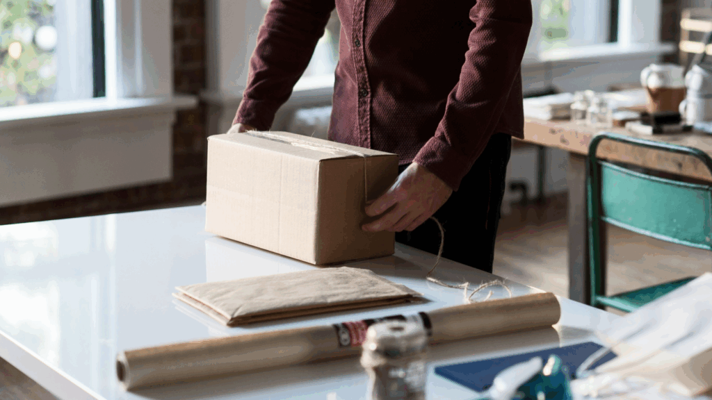 A man is closing a cardboard box on a wooden table What is a Niche? 5 Examples of Print on Demand niche ideas 8