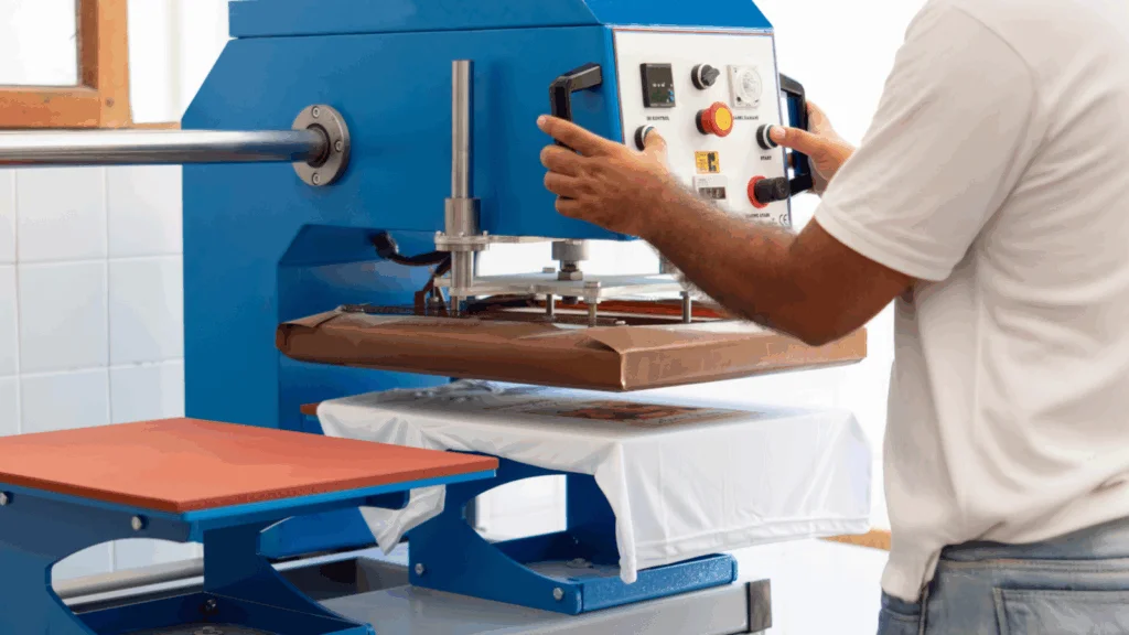 A person operates a blue heat press machine pressing a design onto a white t shirt A person operates a blue heat press machine, pressing a design onto a white t-shirt