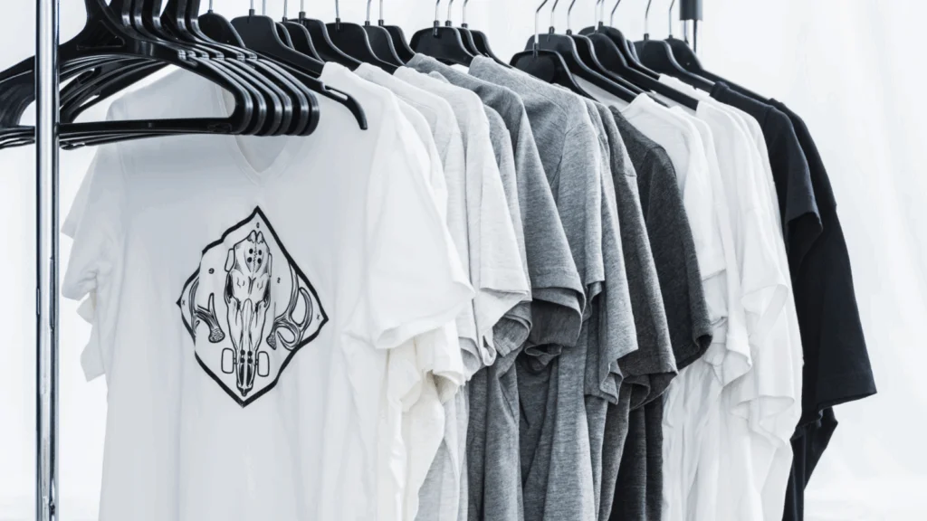 A row of neatly hung t shirts on black hangers featuring shades of white gray and black. The front shirt has an abstract design A row of neatly hung t-shirts on black hangers, featuring shades of white, gray, and black. The front shirt has an abstract design