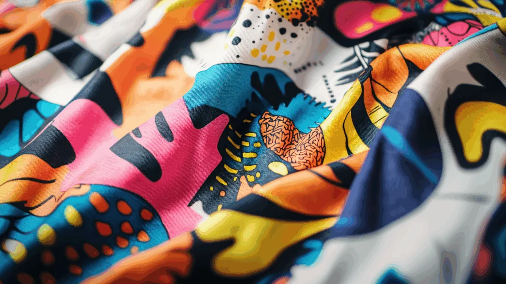 A vibrant fabric with abstract patterns in bold colors as an example of sublimation printing on fabric A vibrant fabric with abstract patterns in bold colors as an example of sublimation printing on fabric