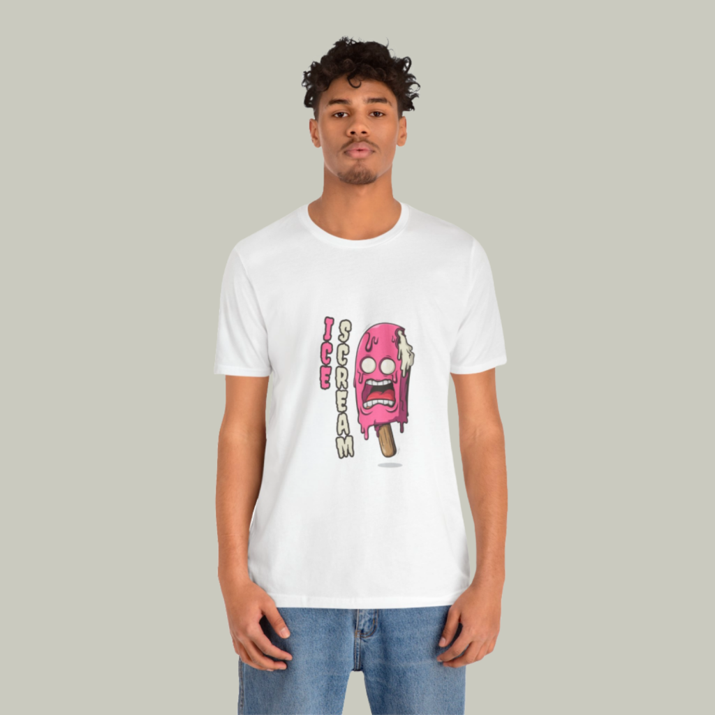BellaCanvas 3001 unisex jersey short sleeve tee A mockup of a man wearing a t-shirt with a custom “Ice cream” print on a light-green background.