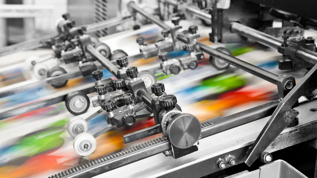 How to make the perfect t shirt design size for custom t shirts A machine in a factory produces vibrant sheets of colorful paper, showcasing the manufacturing process.
