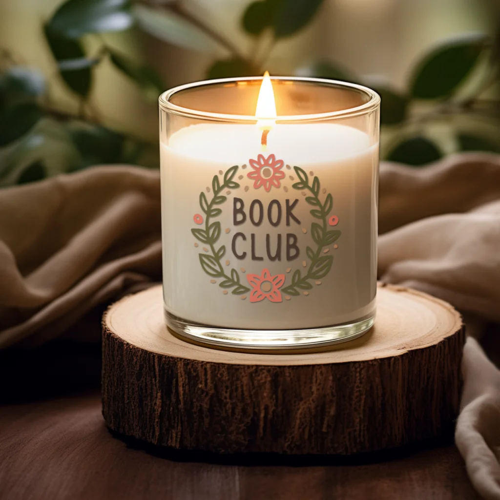 Personalized candles A custom “Book club” candle standing on a cut tree piece.