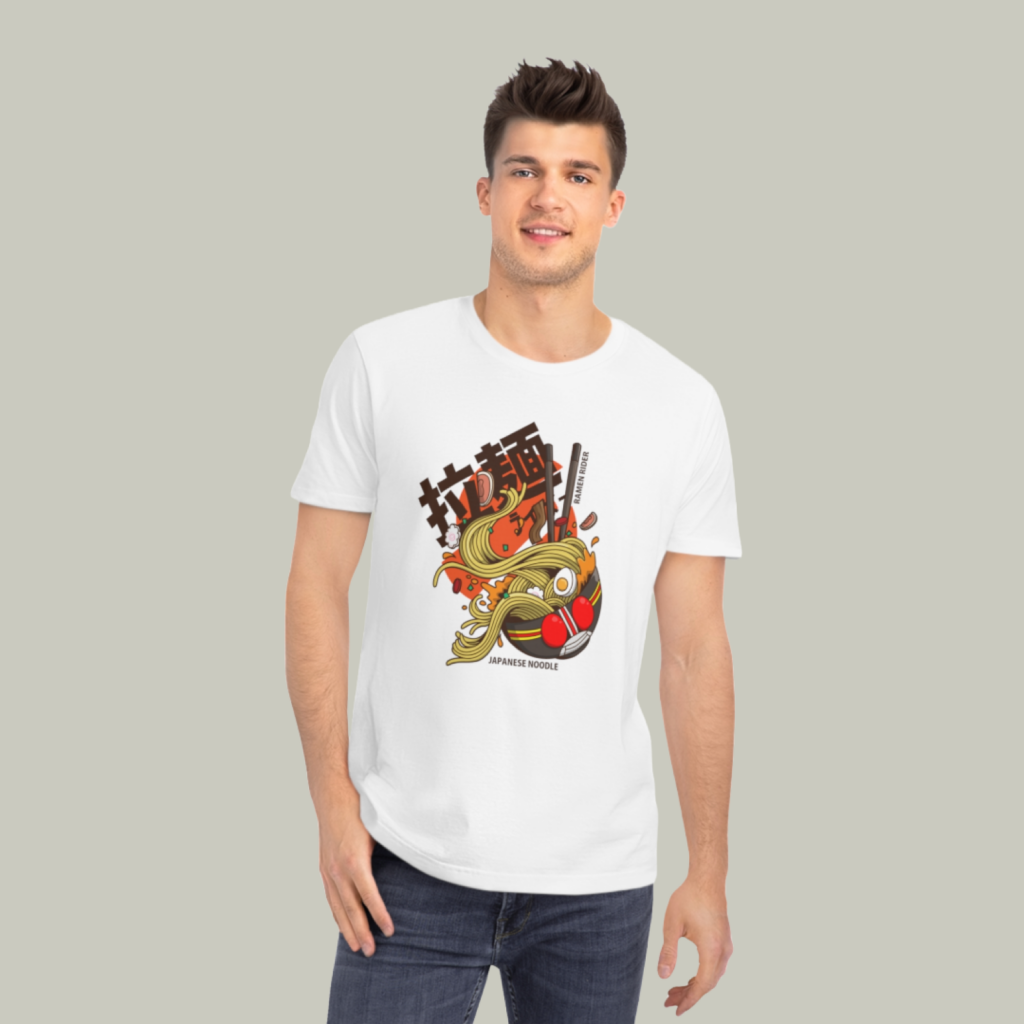 Stanley Stella STTU758 unisex rocker t shirt A mockup of a man wearing a t-shirt with a custom Japanese noodle-theme print on a light-green background.